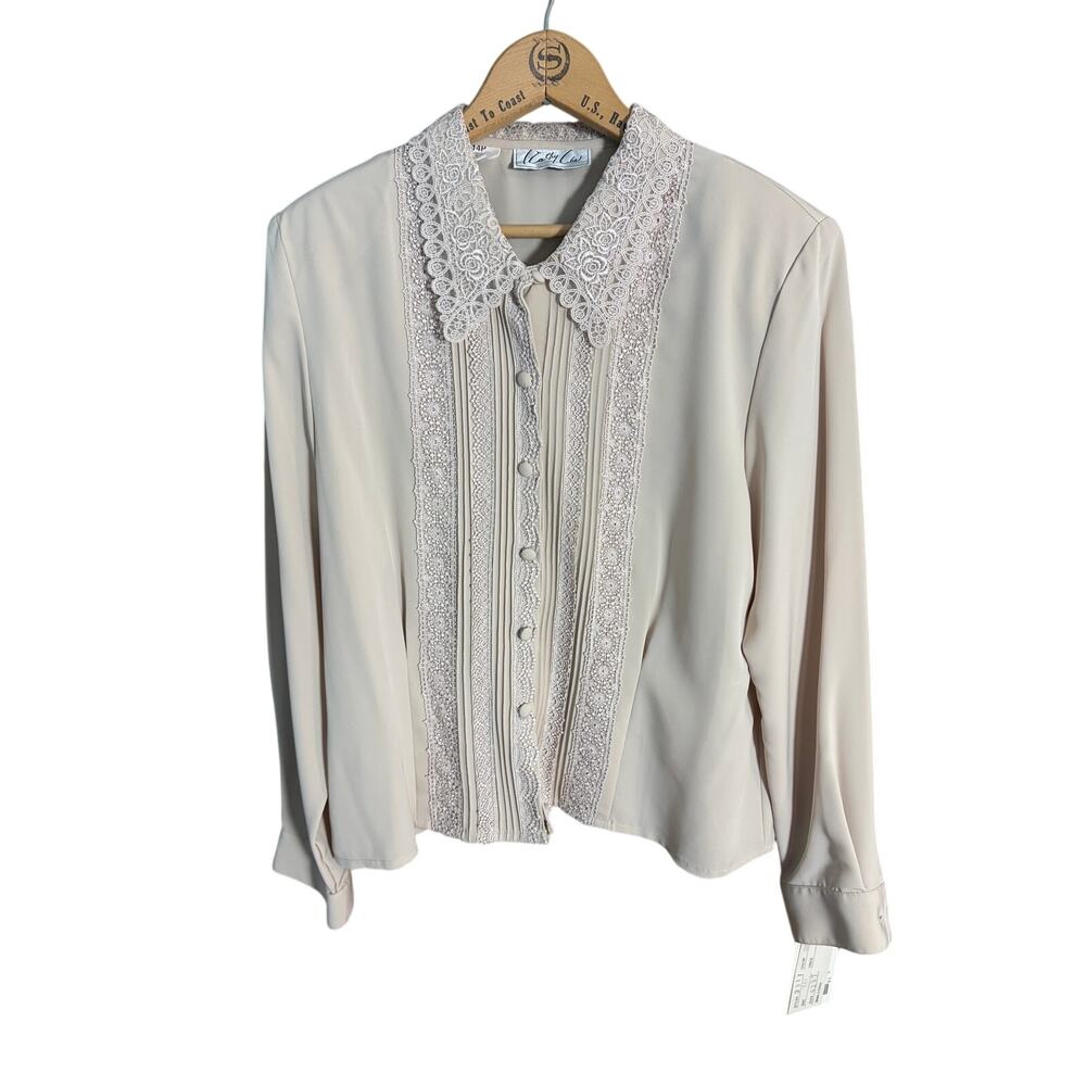 Vintage Cathy Che Ivory Lace Collar Pintuck Button Front Blouse 14P Romantic